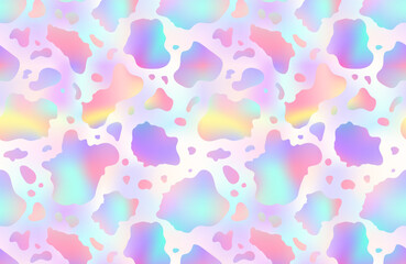 Abstract cow rainbow pattern background. Vector animal skin print, cute holographic spots on foil gradient background. Natural stylized spotted texture for backdrop, decoration, wallpaper, cover.