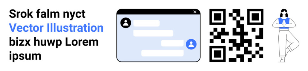 Fototapeta premium Digital communication, online interaction, QR scanning, social media, UI design, technology. Messaging interface with chat bubbles, QR code and standing character. Digital communication and online