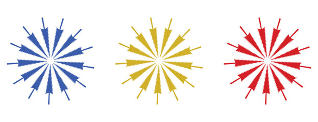 Circular burst patterns with jagged arrow shapes, colorful radial geometric elements