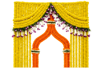 Vibrant yellow and orange floral indian wedding toran decoration isolated on white background