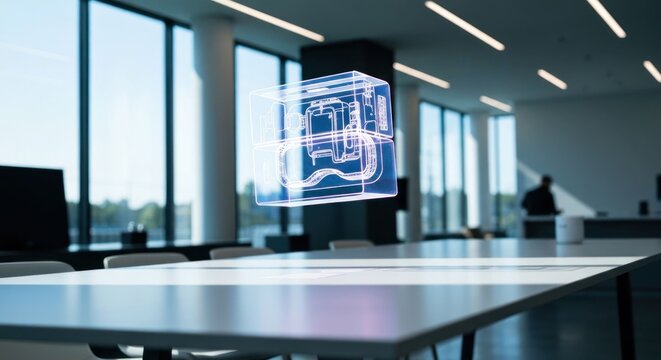 Holographic VR headset floats above a modern office conference table - Powered by Adobe