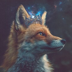 Fox Wearing Crown Glimmering in Dark Sky, Creative Animal Portrait