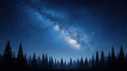 Fototapeta premium Majestic Night Sky Over Dark Forest Silhouettes with Milky Way and Sparkling Stars Illuminating the Tranquil Atmosphere of a Peaceful Wilderness