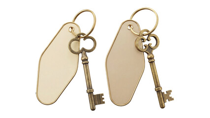 Two antique brass skeleton keys attached to blank hotel key fobs, vintage style ornate keys with cream colored plastic tags, retro motel or apartment security access concept
