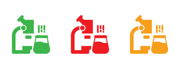 Science laboratory microscope and flask icons, green red and orange research symbols