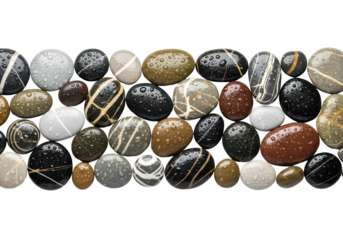 A collection of wet pebbles in various colors and patterns isolated on transparent background