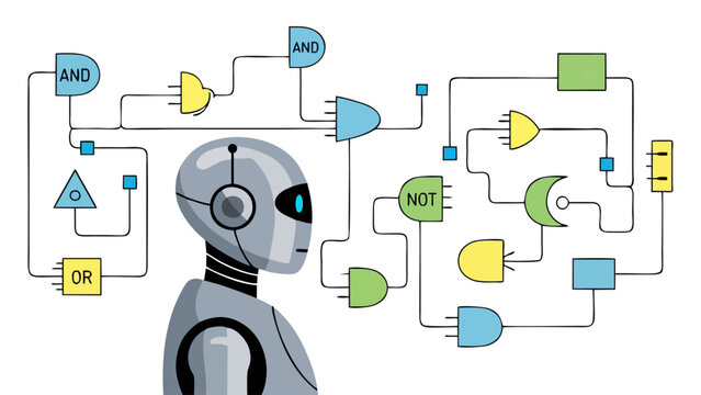 Abstract AI Robot Head with Digital Logic Gates and Circuitry Artificial Intelligence Concept