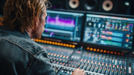 Medium shot of audio specialist using mixing console with visual signal analyzers illustrating realtime conversion of analog sound to digital data streams.