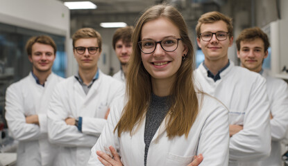Fototapeta premium Group of smiling young scientists wearing white lab coats in a laboratory setting