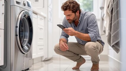man making a phone call while water leaks from a washing machine, showing urgent home appliance failure and stressful household situation