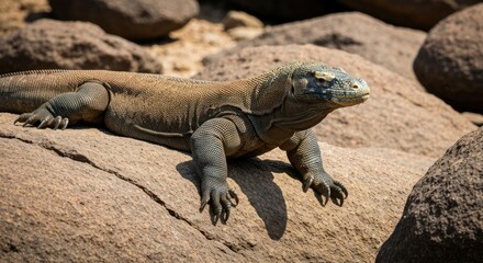 Obraz premium Large Komodo dragon basking on sun-warmed rocks, alert and watchful