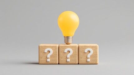 Creative idea concept represented by light bulb on question mark cubes symbolizing innovation, exploration, and problem-solving in modern thinking