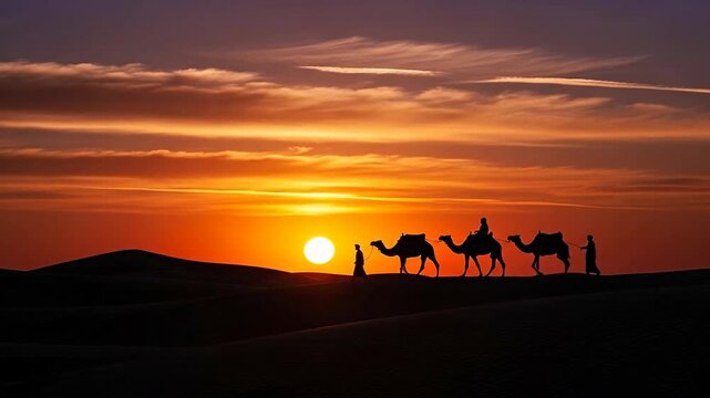 Silhouettes of camels and travelers against a vibrant sunset.