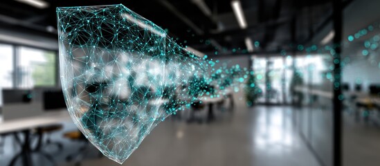 Futuristic Digital Network Flowing Through Modern Office Space.