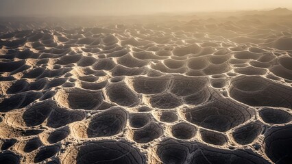 Salt flats with textured crystalline surface under warm sunlight