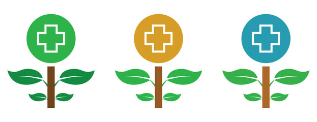 Growing plant icons with cross in circle, colorful green gold and teal health symbols