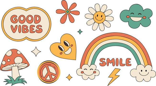 Vintage groovy set elements in flat graphic design. Vector illustration. Collection of funny cat, heart, sun, sunglasses, daisy, cactus, roller skates, music cassette, guitar, peace, unicorn, other.