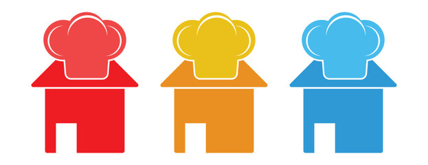 Building icons topped with chef hat, red orange and blue restaurant symbols