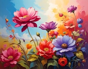 Vivid wildflowers bloom in a colorful field with an expressive sky