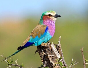 Vividly colored bird perched atop a weathered wooden stump, head turned