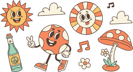 Fototapeta premium Vintage groovy set elements in flat graphic design. Vector illustration. Collection of funny cat, heart, sun, sunglasses, daisy, cactus, roller skates, music cassette, guitar, peace, unicorn, other.