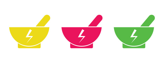Mortar and pestle icons with lightning bolt, colorful yellow pink and green pharmacy symbols