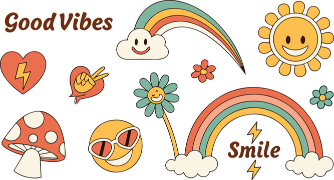 Vintage groovy set elements in flat graphic design. Vector illustration. Collection of funny cat, heart, sun, sunglasses, daisy, cactus, roller skates, music cassette, guitar, peace, unicorn, other.