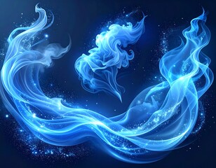 Glowing ethereal blue smoke wisps swirl on a dark backdrop