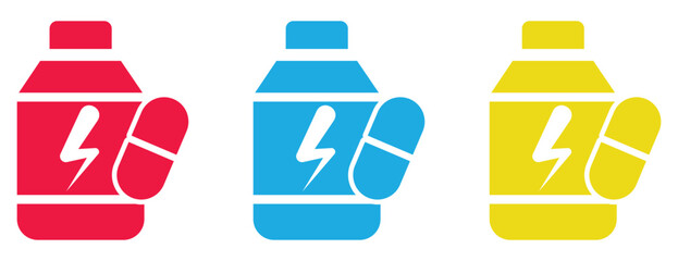 Supplement bottle icons with lightning bolt and pill, colorful energy nutrition symbols