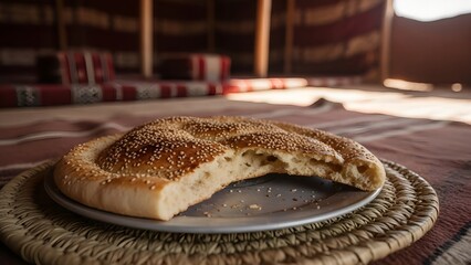 Freshly baked Khameer flatbread on straw mat in Bedouin tent in warm sunlight