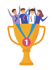 business team celebrating inside a giant trophy. Concept of goal achievement, emotional success, team reward
