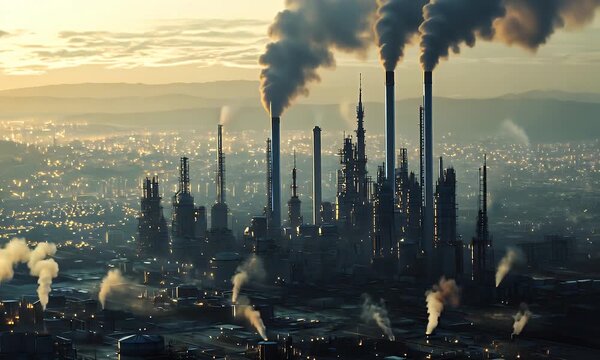 Observed Industrial skyline and smokestacks emitting gentle plume light haze