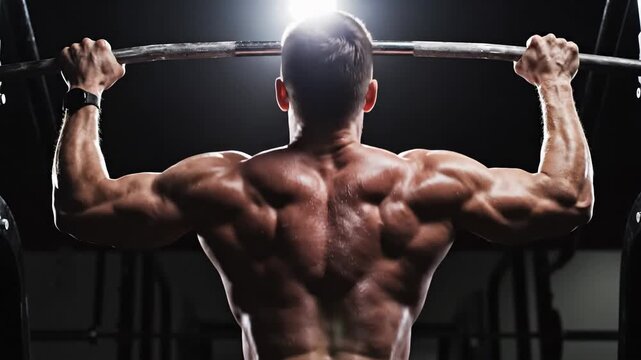 Muscular male athlete performing pull-up exercise in a dimly lit gym environment from a rear viewpoint