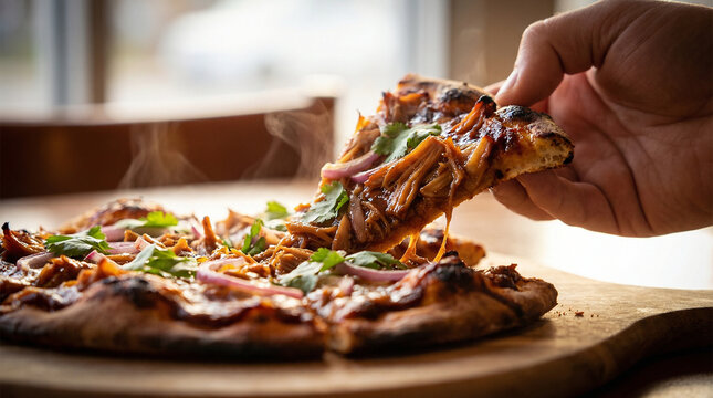 Close-up of a BBQ jackfruit vegan pizza slice being lifted
