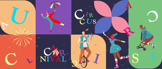 Bright flat illustration: circus and carnival. Design with fireworks artists, geometric elements, and text. Perfect for posters, events, and celebrations. © Uliya
