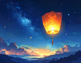 Glowing lantern ascends into a starry night sky above a landscape