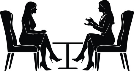 Conversation silhouette vector, two people talking, black illustration, interview scene, communication pose, business dialogue, formal setting, emotional design, seated figures