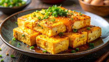 Golden, stacked tofu blocks, drizzled with sauce and scallions