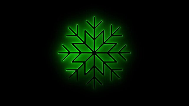 Glowing neon line snowflake animation. Abstract neon green glowing winter holiday element animated on black background. 4k video