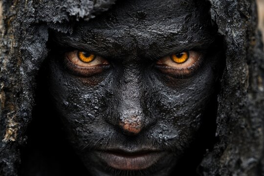 Intense gaze: A person covered in black mud, with piercing yellow eyes, conveys a sense of raw power and mystery. Dark tones dominate the visage.