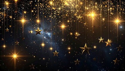 Golden stars and glittery particles against a dark space background