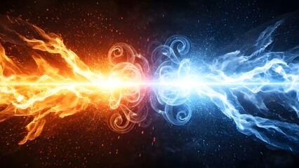 Abstract confrontation of blazing orange fire and swirling icy blue energy meeting at the center on a dark background, symbolizing balance, conflict, and powerful elemental forces