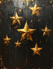 Golden stars hanging against a textured black background, with artistic drips