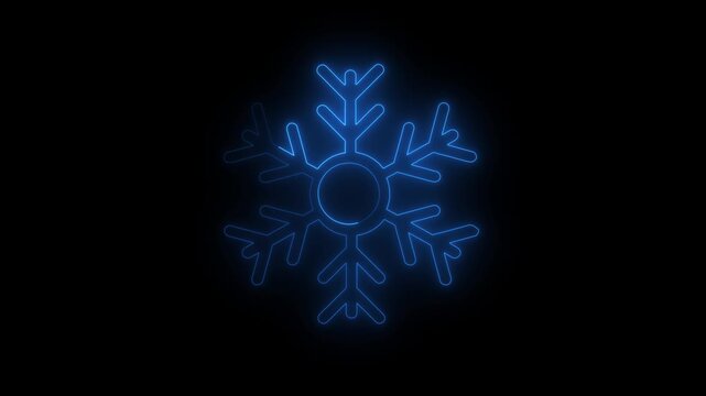 Glowing neon line snowflake animation. Abstract neon blue glowing winter holiday element animated on black background. 4k video motion