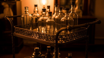 Rustic antique bar cart with vintage bottles and warm ambient lighting with copy space