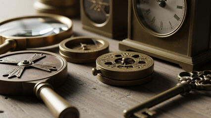 Vintage brass aesthetic items including clocks, compass, and magnifying glass with copy space