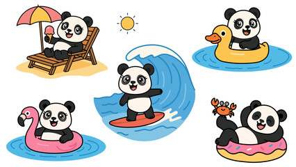 Adorable set of five panda characters enjoying summer holiday activities including surfing on sea waves eating ice cream on sunbed and floating on inflatable duck flamingo and donut rings