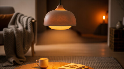 Rustic pendant lamp emitting warm light in cozy living room setting with copy space