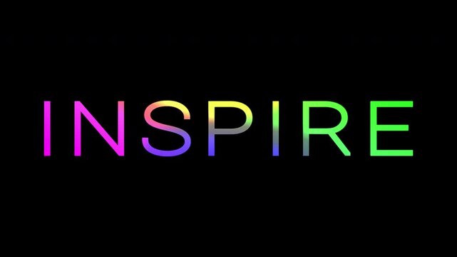 Colorful animated text spelling INSPIRE with a dynamic gradient color shift on a dark background. 4K text animated video with gradient effect.