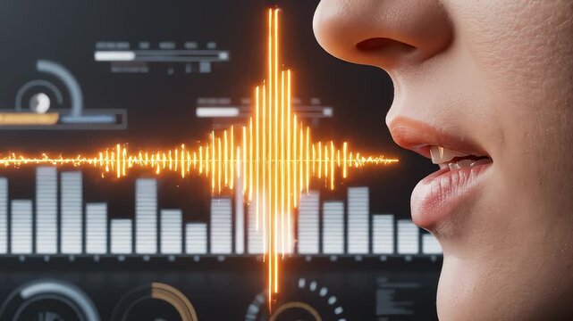 Female Face Speaking With Digital Voice Waveform Visualization